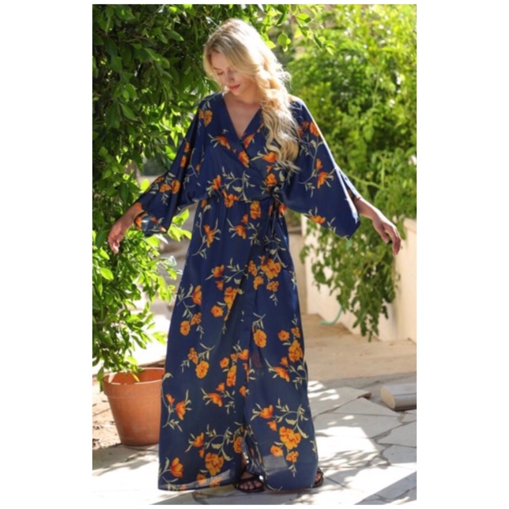 CLEARANCE . Navy Floral Kimono Tie Front Tassel Maxi Dress - Picture 5 of 7